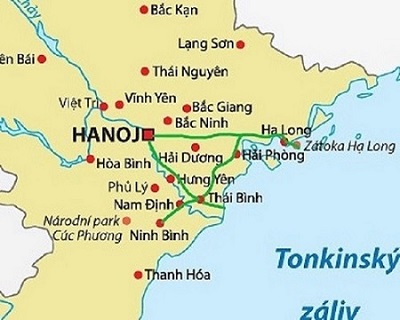 Zeleně je vyznačena trasa cesty Vietnamem s vietnamskou rodinou.